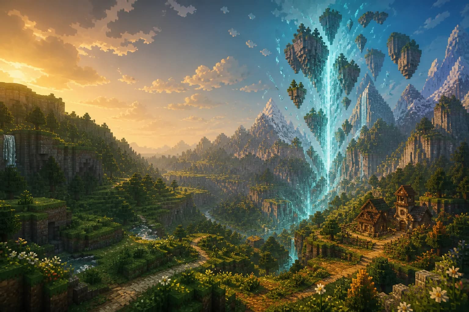 A block-built valley split by a glowing blue rift beneath distant mountains